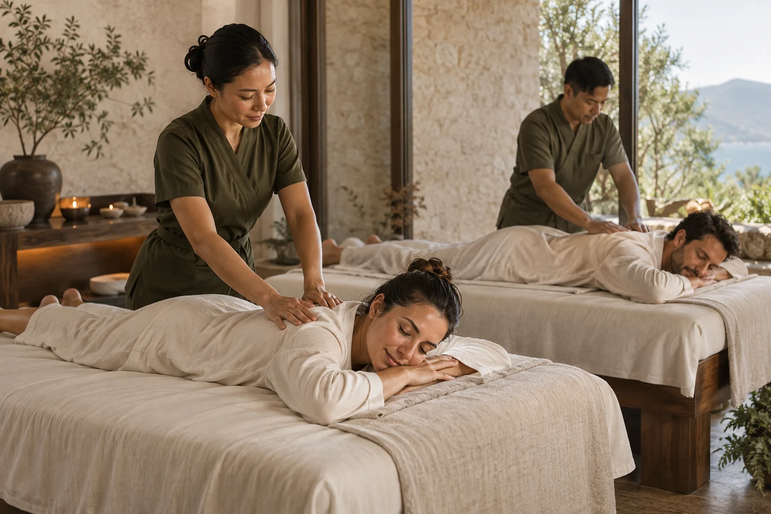 Two guests enjoying a side-by-side professional massage experience