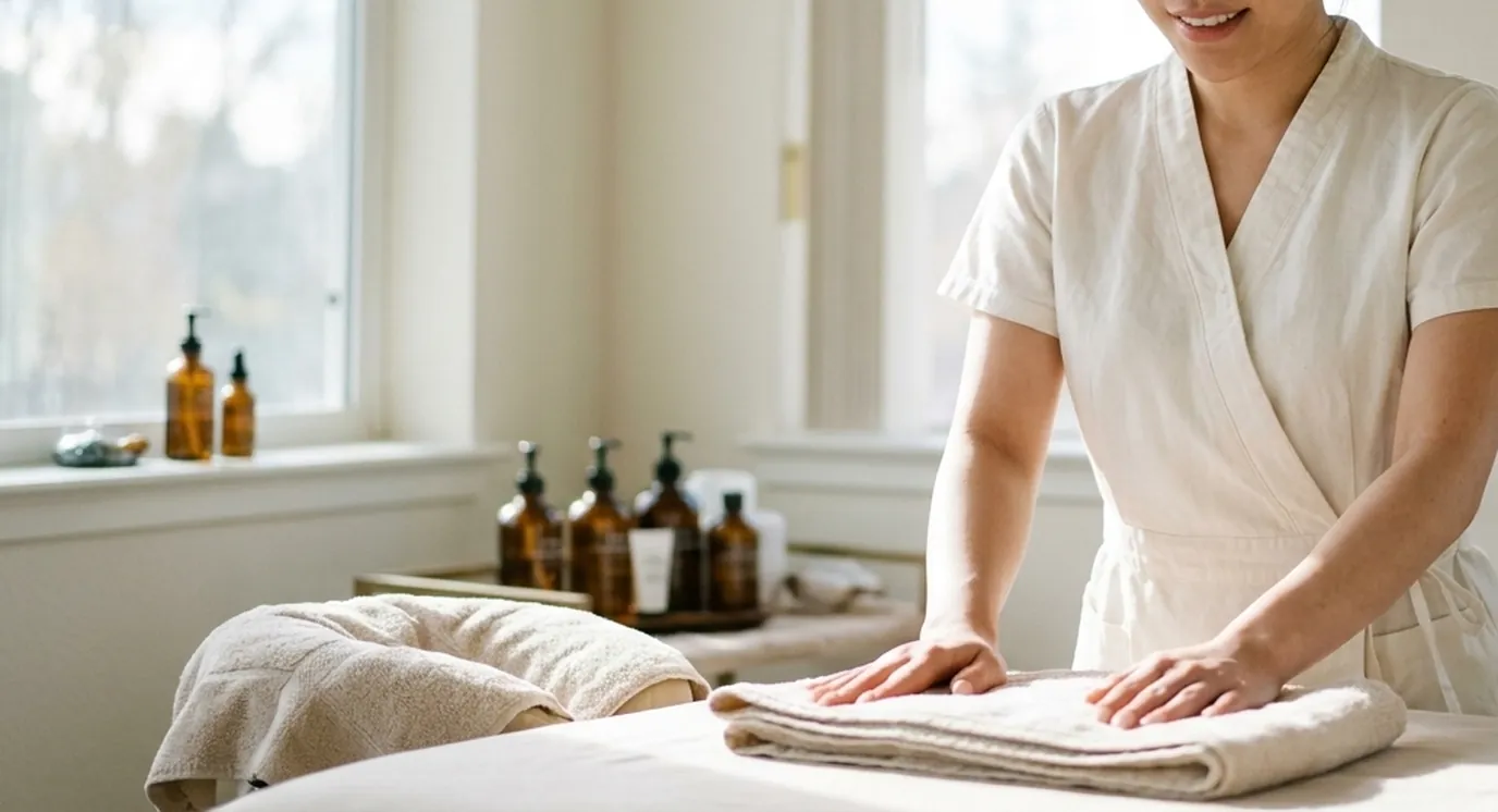 Two practitioners working in coordination during a four hands massage
