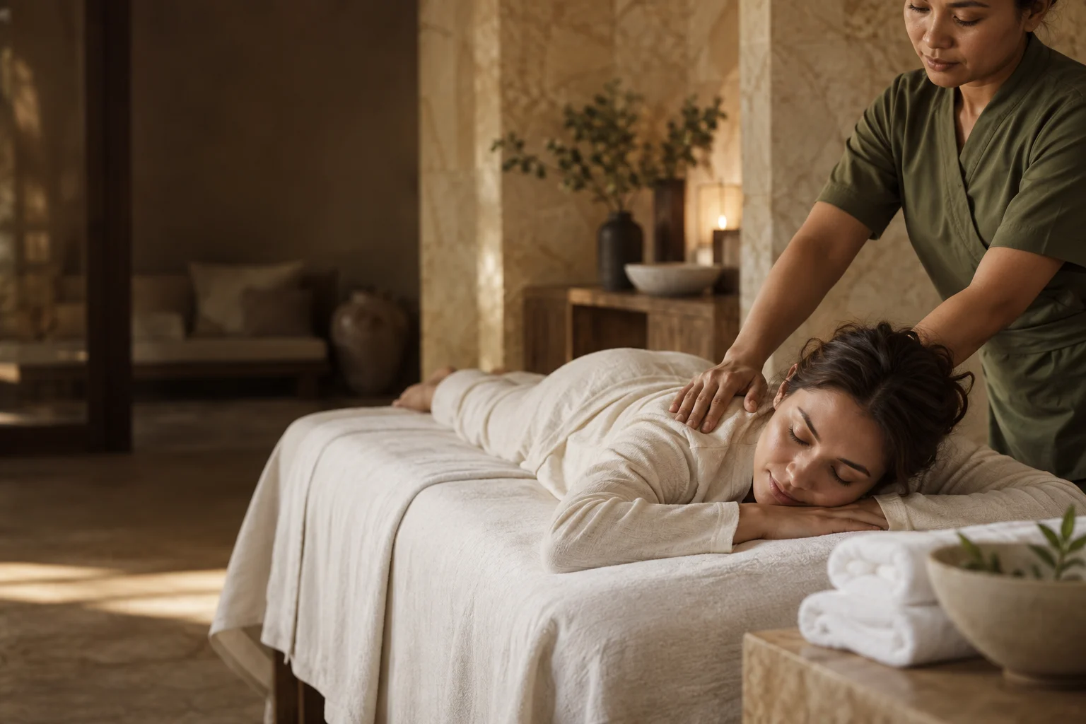 An illustration of a calm massage room in warm natural light