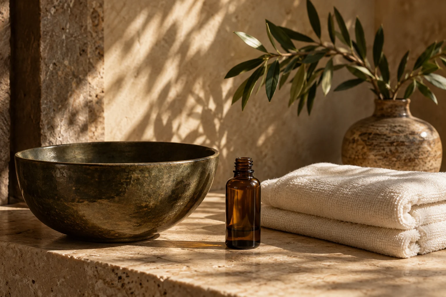 An illustration of massage oils, fresh towels and handmade ceramics in warm light